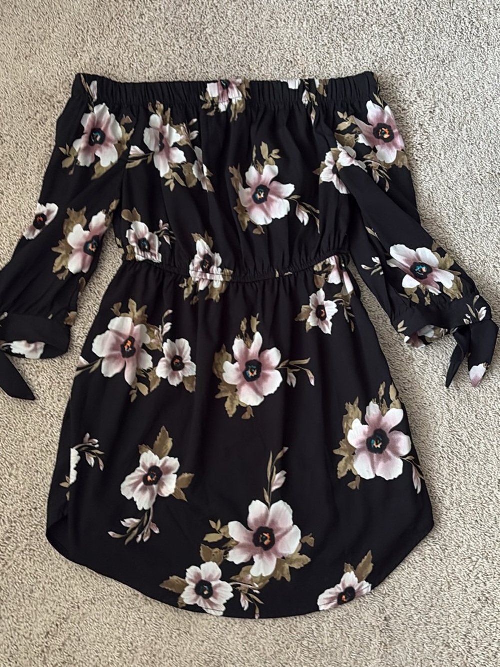 Streetwear Society Black Floral Off-Shoulder dress with Pink and Cream Blooms